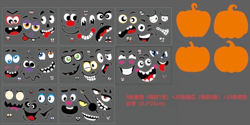 JOFONY Halloween Kürbis Aufkleber Set, Halloween Basteln Kinder mit 24 Kürbis und 24 Gesicht Sticker, Halloween Kürbis Deko für Party-Dekoration von JOFONY