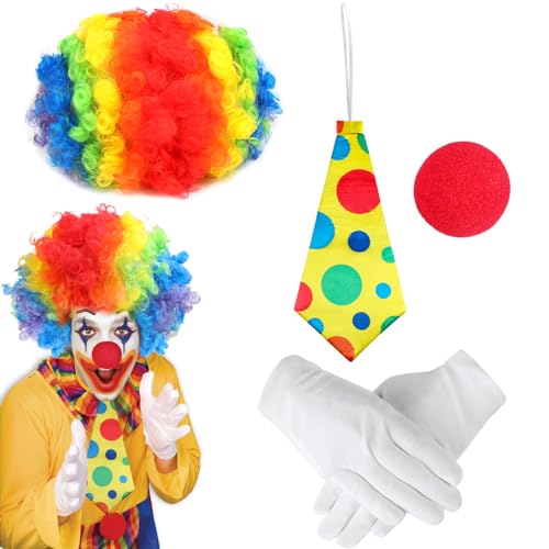 JOFONY Karneval Clown Kostüm Set,5 Stück Clown Kostümzubehör Lockenperücke Clownsnase ClownKrawatte Handschuhe,Clowns Kostüm Accessoire für Karneval Party Kostümparty Geburtstagsfeier von JOFONY