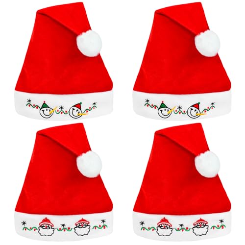 JOFONY Weihnachtsmütze für Kinder, 4 Stück Nikolausmütze,Plüsch Rand Weihnachten Santa Hut,Rote Santa Mütze,Weihnachtskostüme für Weihnachtsfeier Weihnachtsdekoration von JOFONY