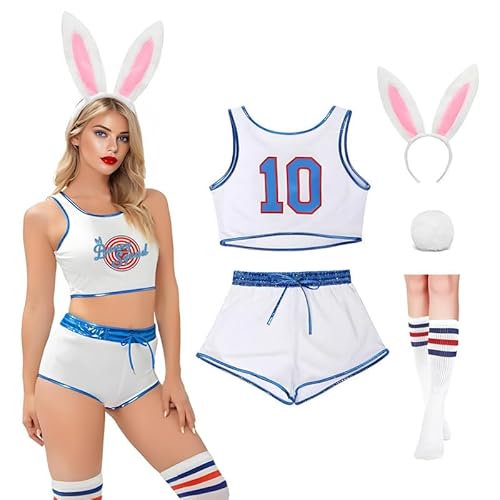 Halloween-Kostüm für Damen, Trikot-Set, Weltraumfilm, Cosplay, mit Hasenohren, Schwanz und Socken, figurbetont, Weiß, Größe L Halloween-Kostüm für Damen, Trikot-Set, Weltraumfilm, Cosplay, mit Hasenohren, Schwanz und Socken, figurbetont, Weiß, Größe L von JOGSHR