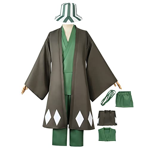 JOHLCR Anime BLEACH Cosplay Kostüm für Halloween Karneval Kimono Uniform Outfits Urahara Kisuke Einschließlich Mantel + Kleidung + Hose + Hut + Taillenseil Geeignet für Bühnenspiel (L, grün) von JOHLCR
