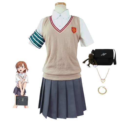 JOHLCR Anime Cosplay Kostüm A Certain Scientific Railgun Misaka Mikoto Uniform Outfits Kostüm für Erwachsene Einschließlich Eines Kompletten Satzes Kleidung + Tasche + Halskette + Armband (Grau, L) von JOHLCR