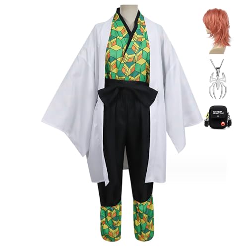 JOHLCR Anime Demon Slayer Sabito Cosplay Kostüm mit Halskette und Tasche Perückenzubehör Kimono-set Halloween-Karneval-Party-Verkleidung Outfits Uniform Geeignet für Bühnenaufführungen (Grün, S) von JOHLCR