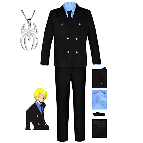 JOHLCR Anime ONE PIECE Vinsmoke Sanji Cosplay Kostüm Outfits Uniform Anzug mit Halskette Kostüm für Erwachsene Geeignet für Bühnenspiele, Geschenke, Cosplay-Liebhaber, Comics Expo (Schwarz, L) von JOHLCR