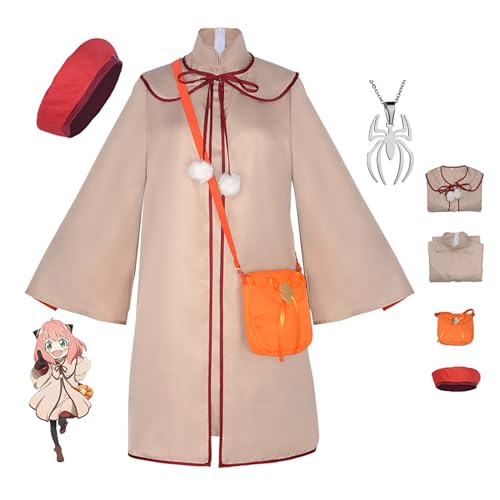 JOHLCR Anime SPY×FAMILY Anya Forger Cosplay Kostüm mit Halskette Kostüm für Halloween Karneval Outfits Uniform Einschließlich Kleidung, Kleider, Taschen, Hüte (Aprikose, S) von JOHLCR