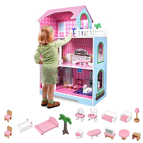 JOIEYOU Puppenhaus aus Holz Puppen Spielhaus 3 Etagen, 70x30x100cm Große Puppenvilla mit Möbeln und Zubehör Dollhouse Spielzeug für Mädchen und Jungen, Typ B von JOIEYOU