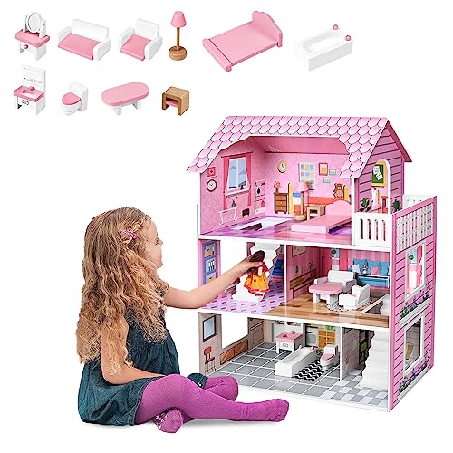 JOIEYOU Puppenhaus aus Holz Puppen Spielhaus 3 Etagen, 60x24x70cm Große Puppenvilla mit Möbeln und Zubehör Dollhouse Spielzeug für Mädchen und Jungen, Typ A JOIEYOU Puppenhaus aus Holz Puppen Spielhaus 3 Etagen, 60x24x70cm Große Puppenvilla mit Möbeln und Zubehör Dollhouse Spielzeug für Mädchen und Jungen, Typ A von JOIEYOU