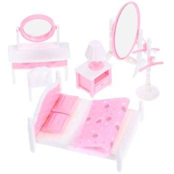 JOINPAYA 12Pcs Puppenhaus Schminktisch Bett Möbel Set: Miniatur Möbel Rosa Schrank Stuhl Schlafzimmer Puppenhaus Zubehör Holz für Puppen Deko von JOINPAYA