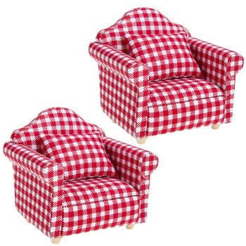 2 Sätze Puppenhaus Möbel: Miniatur Sofa Mini Sessel Puppenhaus Holz Couch Mit Kissen Rotem Karomuster Wichtel für Mini Puppenhäuser Zubehör von JOINPAYA