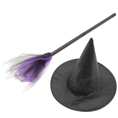 JOINPAYA 1 Satz Zaubererhut Besen Besenstiel Böses Hexenkostüm Halloween Gesicht Dekorationen Zubehör Paillette Kessel Cosplay Sensenmann Maske Schlag Festival Besen Modelle Violett Stoff von JOINPAYA