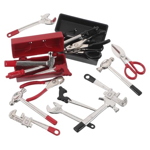 JOINPAYA 2 Sätze Miniaturwerkzeug Set mit Mini Hammer Schraubendreher Zange Schraubenschlüssel in Rot Schwarz Leicht Tragbar für Puppenhaus Dekoration Mikro Landschaft Basteln von JOINPAYA