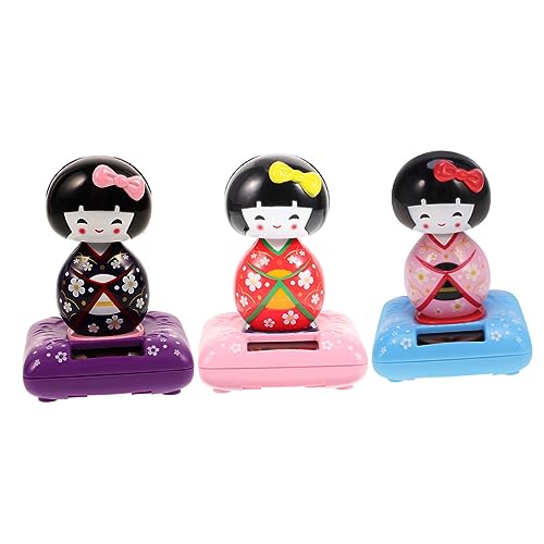 JOINPAYA 3 Stück Kleine Kimono-puppenstatuen Autospielzeug Solarbetriebene Minifigur Auto Spielzeugautos Kleine Süße Kimono-puppenfigur Kopfschüttelnde Autopuppe Solarplatten von JOINPAYA