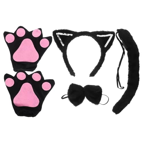 JOINPAYA 4-Teiliges Schwarzes Katzenkostüm-Set: Halloween-Katzenohren Stirnband Fliege Und Handschuhe Für Süßes Cosplay-Zubehör Für Partys Und Verkleidungen von JOINPAYA