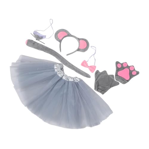 JOINPAYA 7 Stück Mäusekostüm mit Grauem Tüllrock Tierischen Ohren Stirnband Schleife Handschuhen und Halloween Faschingskostüm für Mädchen Jungen Einfaches Anziehen für Schule und Party von JOINPAYA