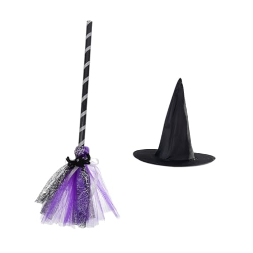 JOINPAYA Halloween Hexenhut und Besen Leichtes Langlebiges Cosplay Zubehör für Erwachsene für Halloween Themenpartys und Fotos Wiederverwendbar Violetter Hexenbesen von JOINPAYA