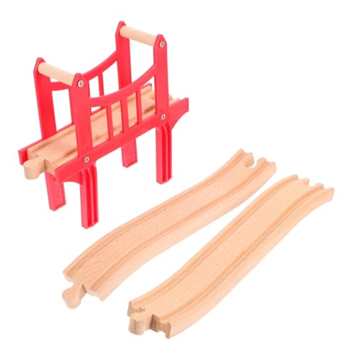 JOINPAYA Holzeisenbahn Brücke aus Robustem Holz mit Roter Hängebrücke und S förmigen Gleisverbindern Kompatibel mit Gängigen Spielzeugeisenbahnen Fördert Motorische Fähigkeiten und von JOINPAYA
