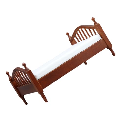 JOINPAYA puppenhaus doppelbett Vintage Miniaturbett Mini -Vintage -Holzmöbel Puppenhaus-Miniaturmöbel Puppenmatratzezubehör Mini Möbelmodelle Miniaturbettwäsche Holzbett Stoff Braun von JOINPAYA