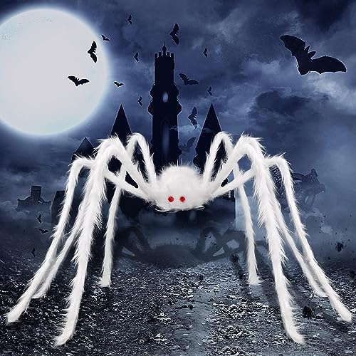 JOLCEEY Halloween Riesiges Spinnen, 1,5m Hallowee Große Weiße Haarige Gefälschte Spinne Dekorationen für Gartenpartys, Spukhäuser, Gruselzonen von JOLCEEY