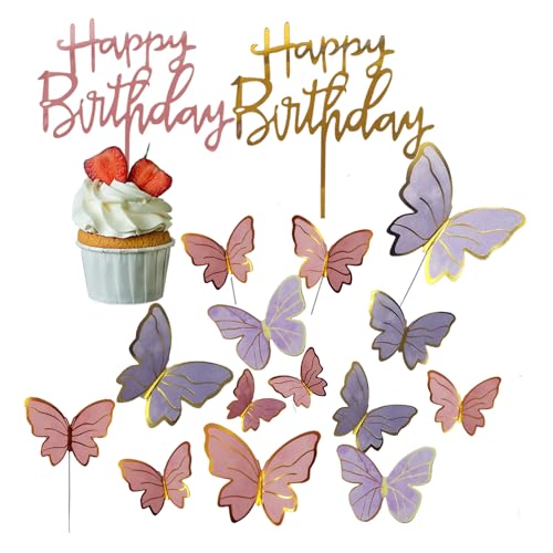JOIYHY 34-teiliges Set für Kuchen, Geburtstag, Schmetterling, Dekoration, Hochzeitstorte, Happy Birthday, Dekoration Kuchen für Kinder, Erwachsene, Mutter (Rosa, Violett) von JOIYHY