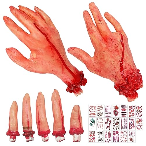 3 Stück Halloween Blood Requisiten Gruselige Gefälschte Abgetrennte Hand Gebrochene Körperteile, Halloween Körperteile Furchterregende mit 20 Tattoo-Aufklebern für Spukhaus Zombie Party Dekoration von JOKILY