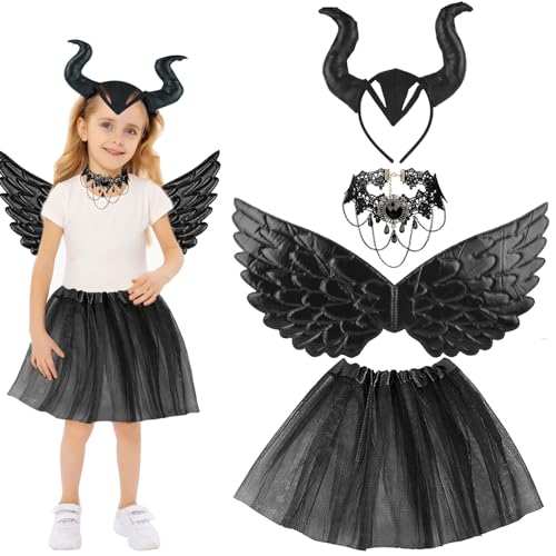 4 Stück Teufel Kostüm Mädchen,Königin Hörner Kostüm, Halloween-Kostüme für Mädchen,Halloween Kostüm Kinder,Karneval Kostüm mit Gothic Spitze Halskette Hörner Kopfschmuck Flügel Kette Hexenkostüm von JOKILY