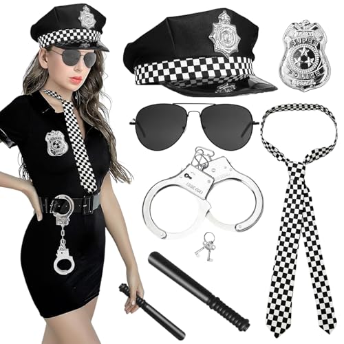 7 Stück Polizei Kostüm Zubehör, Polizei Kostüm Damen, Polizei Kostüm Herren mit Polizei Mütze Handschellen Polizeiabzeichen Schlagstock, Karneval Faschingkostüm für Kommissar, Mottoparty Cosplay von JOKILY