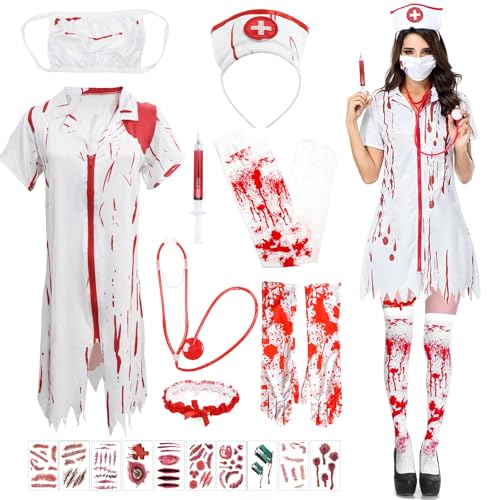 9 Stück Halloween Kostüm Damen, Zombie Krankenschwester Kostüm Damen, Blutige Krankenschwester Kostüm, Halloween Blut Kostüms damen Set Schaurige Horror Braut Zombie Fasching Party Cosplay Zubehör 9 Stück Halloween Kostüm Damen, Zombie Krankenschwester Kostüm Damen, Blutige Krankenschwester Kostüm, Halloween Blut Kostüms damen Set Schaurige Horror Braut Zombie Fasching Party Cosplay Zubehör von JOKILY