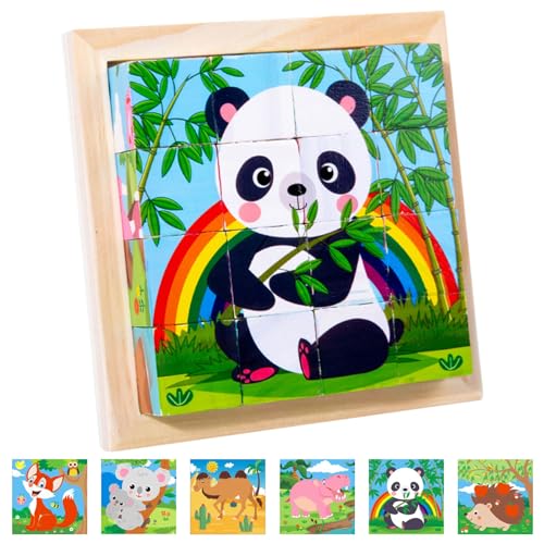 Bilderwürfel Holz, Holzpuzzle 3D Würfelpuzzle Puzzlespiele, Würfelpuzzle Holz mit 16 Würfel Holzspielzeug für Kinder ab 2 3 4 Jahren, Holzpuzzle Montessori Spielzeug für Jungen Mädchen (C) von JOKILY