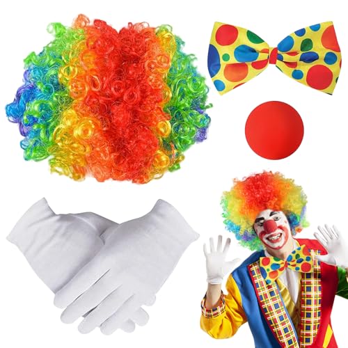 Clown Perücke Kinder, 4 Stück Clown Kostüm Accessoire, Clown Kostüm, Fasching Karneval Kostüme für Kinder Damen Herren, Clown Kostümzubehör, Clown Lockenperücke,Clownsnase,Bunte Krawatte,Handschuhe von JOKILY