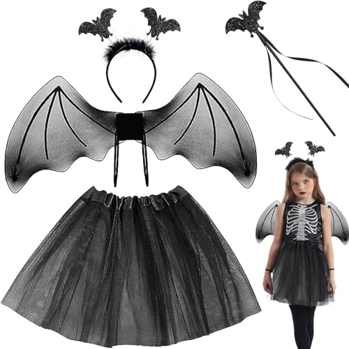 4 Stück Halloween Fledermaus Kostüm Kinder, Fledermaus Kostüm Set mit Haareif, Tutu Rock, Flügel und Zauberstab, Fledermaus Kostüm Mädchen für Halloween Karneval Fasching Mottoparty Cosplay Party von JOKILY