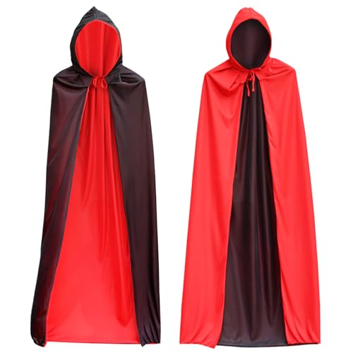 Halloween Kostüm 140CM, Vampir Umhang Schwarz Rot, Doppelseitig mit Kapuze Umhang für Halloween Kostüm, Cape Dracula Umhang mit 20 Temporäre Tattoos für Erwachsene Kinder Herren Damen Cosplay (C) von JOKILY