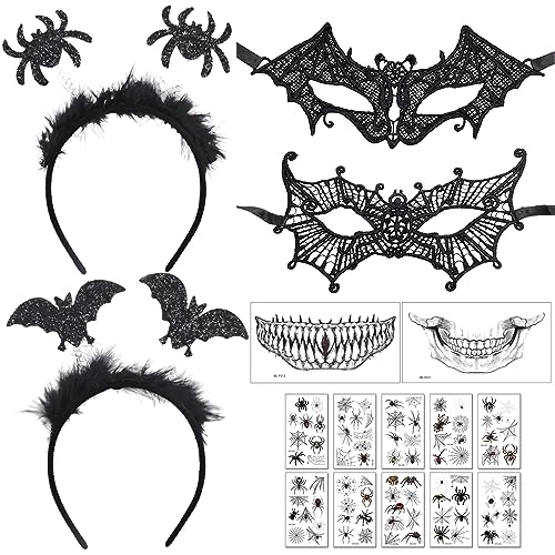 Halloween Kostüm Zubehör 7 Stück, Spinne Haarband, Fledermaus und Spinne Augenmaske, Aufkleber für den Mund, Tattoo Aufkleber, Maskerade Spitzenmaske für Halloween Karneval Kostüm Party Cosplay von JOKILY