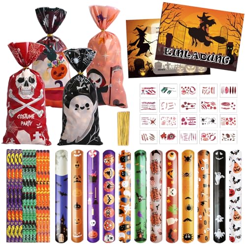 Halloween Party Mitgebsel Kindergeburtstag, 80 Stück Halloween Partygeschenke Mitbringsel mit Slap Armbänder, Geschenktüte, Bleistift, Einladungskarten, Briefmarken, Temporäre Tattoos für Kinder Halloween Party Mitgebsel Kindergeburtstag, 80 Stück Halloween Partygeschenke Mitbringsel mit Slap Armbänder, Geschenktüte, Bleistift, Einladungskarten, Briefmarken, Temporäre Tattoos für Kinder von JOKILY