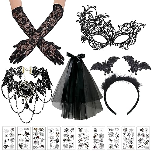 Halloween Steampunk Damen Zubehör 6 Stück, Gothic Schwarze Spitze Handschuhe Halskette Augenmaske Schleier Tattoo-Aufkleber, Gothic Kostüm Zubehör für Fasching KostüM Hochzeit Maskerade Motto Party Halloween Steampunk Damen Zubehör 6 Stück, Gothic Schwarze Spitze Handschuhe Halskette Augenmaske Schleier Tattoo-Aufkleber, Gothic Kostüm Zubehör für Fasching KostüM Hochzeit Maskerade Motto Party von JOKILY