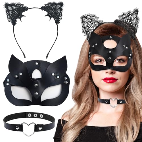 JOKILY Catwoman Maske Damen, Cat Women Mask Glänzend, 3 Pcs Catwoman Kostüm Damen, Schwarze PU Leder Katzenmaske für Fasching Karneval Maskerade Fasching Party Nachtclub von JOKILY