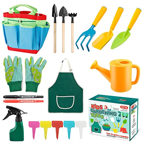 Gartenwerkzeug für Kinder, 23 Stück Gartengeräte für Kinder Set, Kinders Gartenhandschuhe, Kinderspielzeug mit Gießkanne Schaufel Rechen Spaten Schürze, Gartengerät Spielzeug für Jungen Mädchen von JOKILY