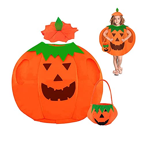 JOKILY Halloween Kostüm Kürbis Kinder, Kürbis Kostüm kinder mit Kürbiskorb und Hut, Karnevals Kostüme Mädchen Jungen, Pumpkin Halloween Cosplay Party Kleidung für Kinder von 3-10 Jahre von JOKILY