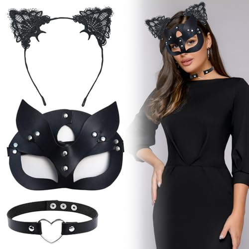 JOKILY Maske Damen, Cat Women Mask Glänzend, 3 Pcs Kostüm Damen, Schwarze PU Leder Katzenmaske für Fasching Karneval Maskerade Fasching Party Nachtclub von JOKILY