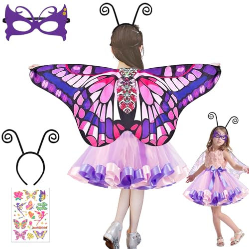 Schmetterling Kostüm Kinder,Fasching Kostüm Mädchen,Schmetterlingsflügel mit Tutu Rock,Haarreif,Maske Tattoos Schmetterling,Schmetterling Umhang Kostüm für Mädchen Karneval Fasching Halloween Cosplay von JOKILY