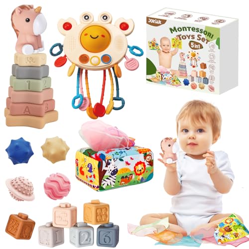 JOKSNK 5 in 1 Montessori Baby Spielzeug 6 Monate bis 3 Jahre, Krabbe Baby Spielzeug, Stapelspielzeug, Tissue Box, Quetsch Bälle, Sensorik Spielzeug Baby, Stapelspielzeug Blöcken Geschenk Junge Mädchen von JOKSNK