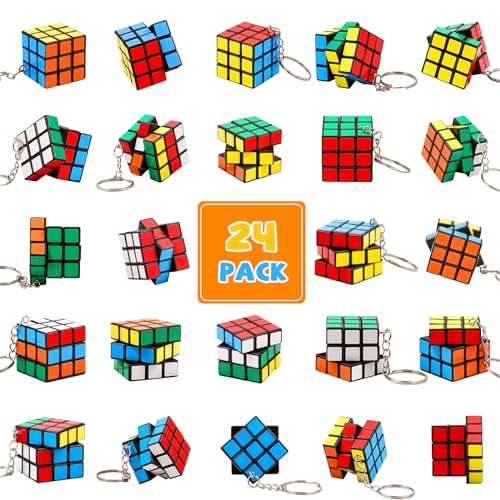24 Stück Mini Zauberwürfel mit Schlüsselanhänger, 3x3 Puzzle Würfel Set (3 cm), Stressabbau Spielzeug, Kinder Geburtstagsgeschenke, Partygeschenke, Weihnachtsfüller für Jungen Mädchen von JOLLYFUN