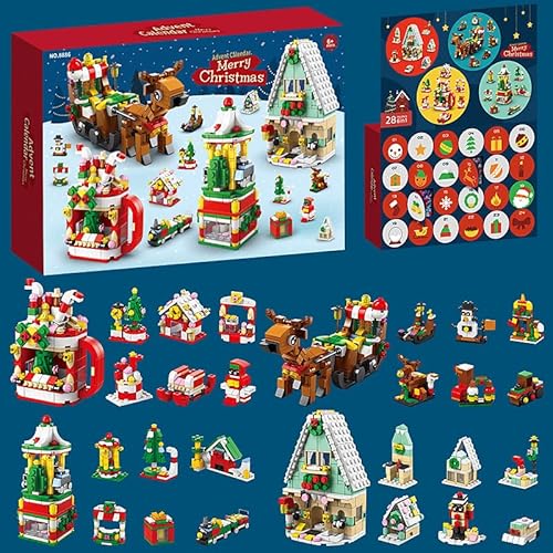Adventskalender 2023 für Kinder Erwachsene, Weihnachts Adventskalender Bauspielzeug Set, 24 Stück Klemmbausteine Weihnachtsspielzeuge inkl. Weihnachtsschlitten, Elch, Kompatibel mit Lego von JOMIOD