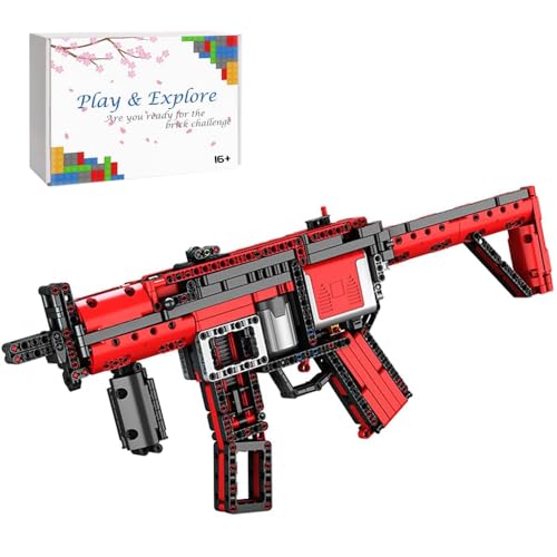 JOMIOD MP5 Maschinenpistole Bausatz, 732 Klemmbausteine, Rot, Batteriebetrieben, Modellwaffen-Bausatz, Waffenkit von JOMIOD
