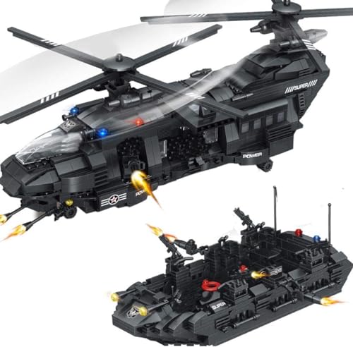 Technik Helikopter Bausatz, 1351 Klemmbausteine Technik Hubschrauber mit Minifigures, Technik Flugzeug Modell mit Angriffsboot Konstruktionsspielzeug Kompatibel mit Lgo Technic von JOMIOD