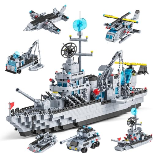 JOMIOD Technik Modellbausatz Schiff, 1560 Klemmbausteine 6 in 1 Militär Schlachtschiff Bauspielzeug, Technik Kriegsschiffe Battleship Bausteine Konstruktionsspielzeug Kompatibel mit Lgo von JOMIOD