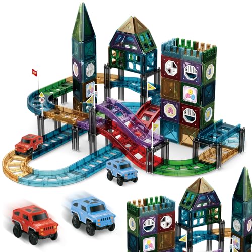 JONRRYIN 131 Stück Magnetische Bausteine Autorennbahn, Magnetbausteine Set 3D Rennauto Strecke Magnet Bausteine Kinder mit 2 Spielzeugauto, Lernspielzeug für Kinder ab 3 Jahren von JONRRYIN