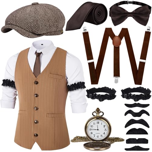 JONRRYIN 20er Jahre Herren Accessoires, Mafia Kostüm Set Mit Westen & Verschiedenen Accessoires Für Halloween, Karneval (Braun, M) von JONRRYIN