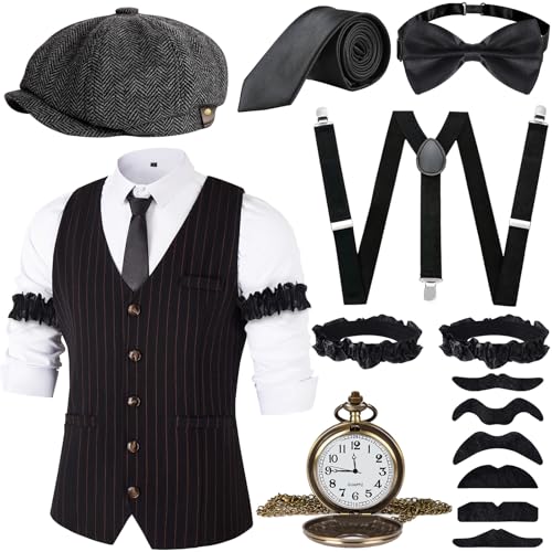 JONRRYIN 20er Jahre Herren Accessoires, 1920er Mafia Kostüm Set, Zubehör Mit Westen & Verschiedenen Accessoires für Halloween, Karneval (Schwarz, M) von JONRRYIN