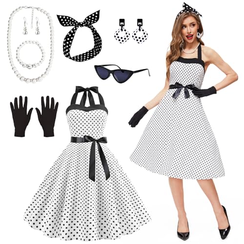 JONRRYIN 50er Jahre Kostüm Damen, 9 Stück Rockabilly Accessoires Damen mit Katzen Auge Brille Ohrringe Stirnband Halskette Handschuhe, Rockabilly Kostüm Damen für Motoparty Retro Party JONRRYIN 50er Jahre Kostüm Damen, 9 Stück Rockabilly Accessoires Damen mit Katzen Auge Brille Ohrringe Stirnband Halskette Handschuhe, Rockabilly Kostüm Damen für Motoparty Retro Party von JONRRYIN