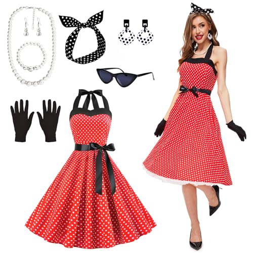 JONRRYIN 50er Jahre Kostüm Damen, 9 Stück Rockabilly Accessoires Mit Katzen Auge Brille, Ohrringe, Stirnband, Halskette, Handschuhe für Motoparty Retro Party JONRRYIN 50er Jahre Kostüm Damen, 9 Stück Rockabilly Accessoires Mit Katzen Auge Brille, Ohrringe, Stirnband, Halskette, Handschuhe für Motoparty Retro Party von JONRRYIN